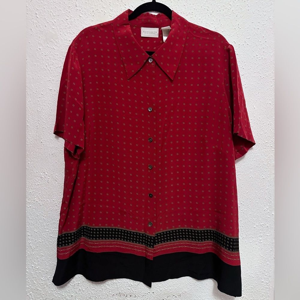 Liz Claiborne 100% Silk Red Button-Up Shirt with Black Accents size 18